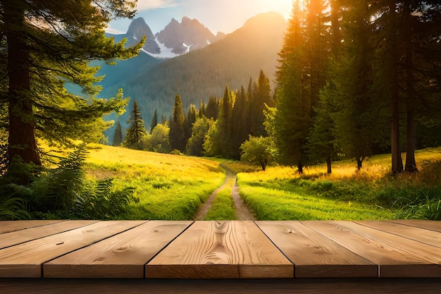 Table en bois rustique vide à des fins esthétiques comme l'herbe ou la feuille ou tout objet de la nature