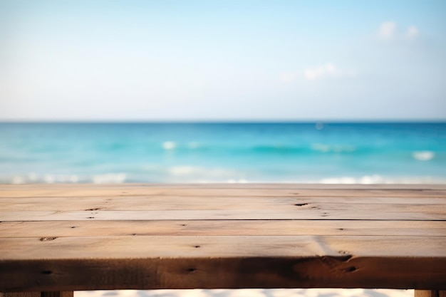 Table en bois rustique vide sur le fond d'une maquette de plage défocalisée avec de l'espace pour votre produit IA générative