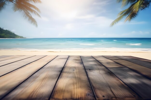 Table en bois rustique vide sur une plage tropicale ensoleillée avec arrière-plan flou ai illustration générative