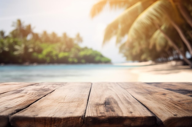 Table en bois rustique vide sur une plage tropicale ensoleillée avec arrière-plan flou ai illustration générative