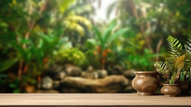 La table en bois rustique vide pour l'affichage du produit avec un fond flou de la jungle tropicale Image générative d'IA AIG30
