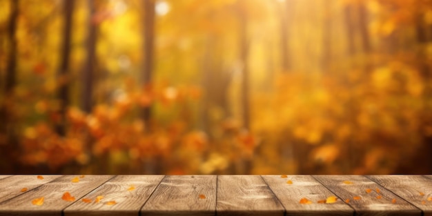 La table en bois rustique vide pour l'affichage des produits avec un fond flou de la forêt d'automne Generative AI AIG30