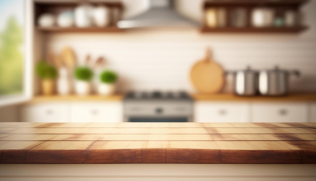 Table en bois avec une salle de cuisine défocalisée Pour l'affichage de produits de montage Espace de copie Génératif ai