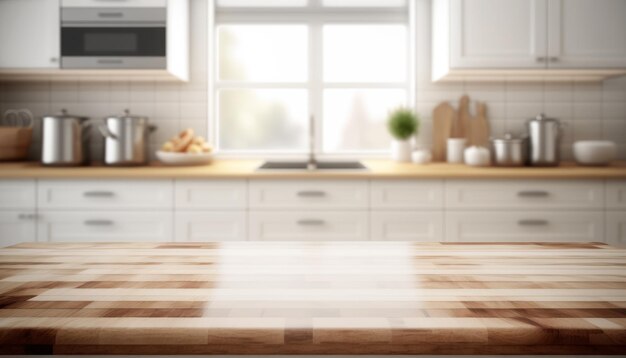 Photo table en bois avec une salle de cuisine défocalisée pour l'affichage de produits de montage espace de copie génératif ai