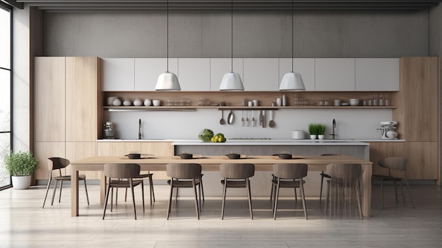 table en bois et salon moderne avec cuisine blanche rendu 3d