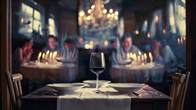 Table en bois avec une scène de restaurant floue