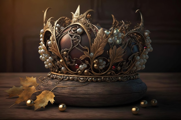 Sur une table en bois se trouve une belle couronne dorée parsemée de pierres précieuses Objet imaginaire