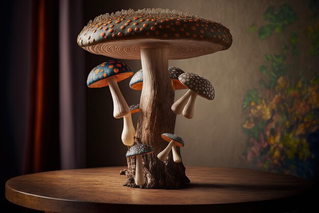 Sur une table en bois se trouvent des champignons