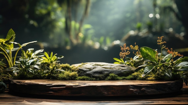 Table en bois sereine au milieu d'une verdure tropicale luxuriante