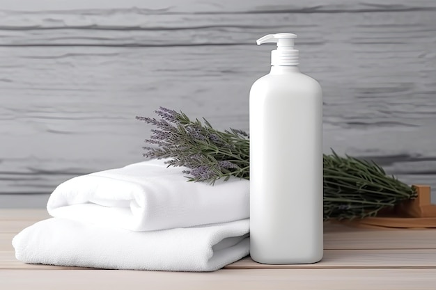 Table en bois avec des serviettes de romarin et une maquette d'un distributeur de shampooing cosmétique blanc