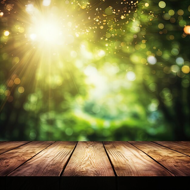 une table en bois avec un soleil qui brille à travers les arbres