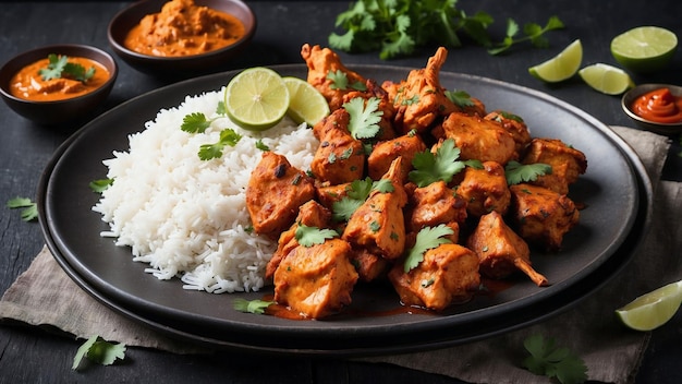 Sur une table en bois sombre magnifiquement conçue, une assiette de poulet à la vapeur, un tikka, un authentique d'Inde.