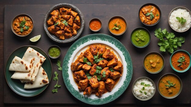 Sur une table en bois sombre magnifiquement poli, une assiette de poulet à la vapeur, une tikka indienne traditionnelle.