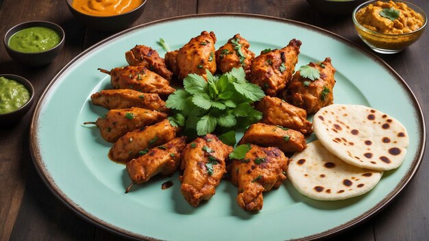 Sur une table en bois sombre magnifiquement poli, une assiette de poulet à la vapeur, une tikka indienne traditionnelle.