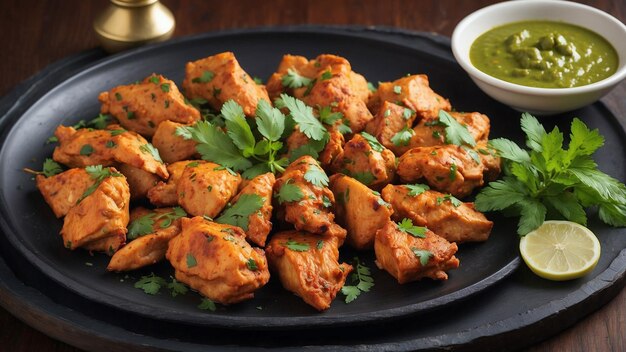 Sur une table en bois sombre magnifiquement poli, une assiette de poulet à la vapeur, une tikka indienne traditionnelle.