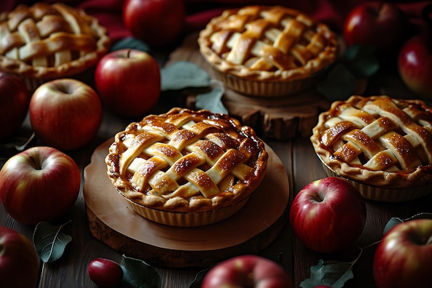 Table en bois sombre avec des pommes et des tartes à pommes