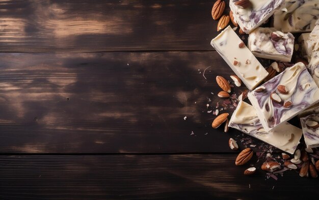 Une table en bois sombre avec une variété de chocolats et d'amandes