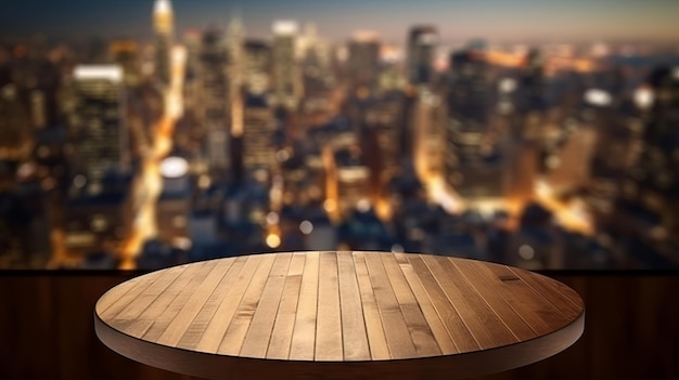 Une table en bois avec une superbe vue nocturne sur le paysage urbain