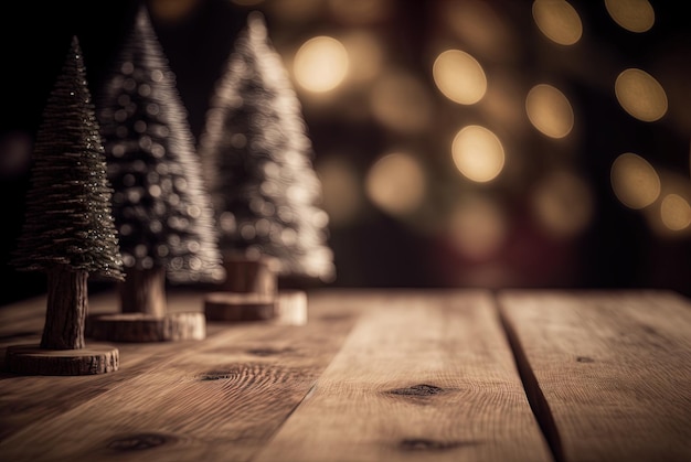 Une table en bois surmontée d'arbres de Noël miniatures AI générative