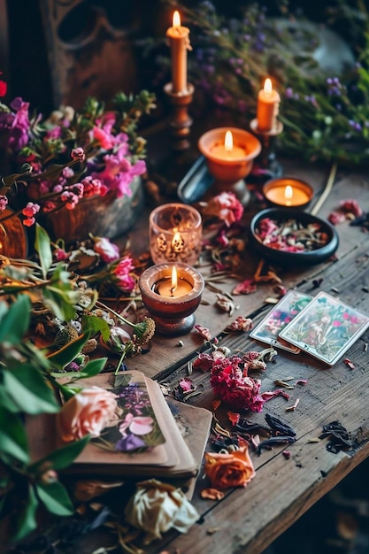 une table en bois surmontée de bougies et de fleurs