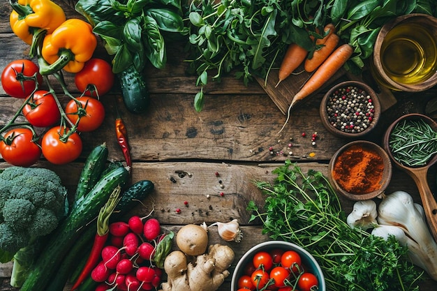 une table en bois surmontée de nombreux types de légumes