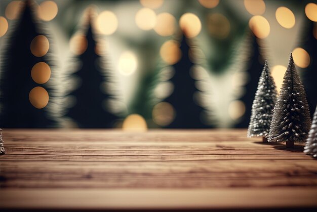 Une table en bois surmontée de petits sapins de Noël AI générative