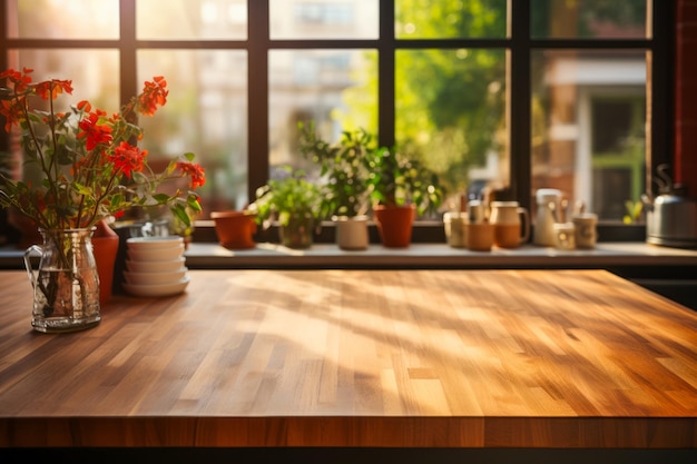 Table en bois surmontée de plantes en pot à côté de la fenêtre IA générative