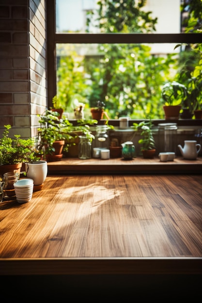 Table en bois surmontée de plantes en pot à côté de la fenêtre IA générative