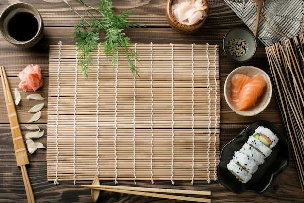 Photo une table en bois surmontée de sushis et de baguettes
