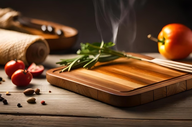 Une table en bois avec une table en bois et une casserole de nourriture et une table en wood avec une machine à vapeur dessus.