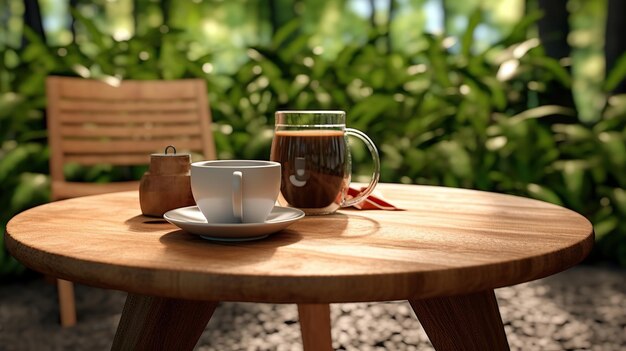 Table en bois avec une tasse de café ai génératif