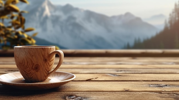 Table en bois avec une tasse de café ai génératif