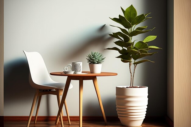 Une table en bois avec une tasse de café une chaise et un pot de fleurs