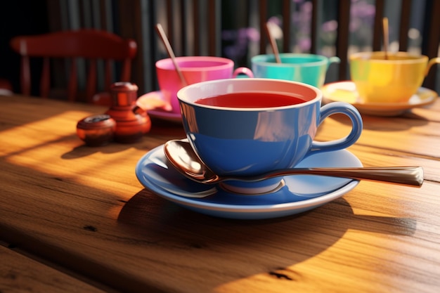 Table en bois avec une tasse de thé une cuillère colorée et une autre cuillère