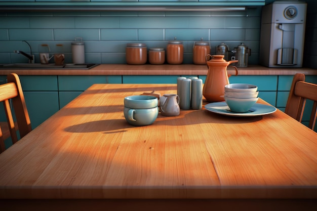 une table en bois avec des tasses et des tasses à thé