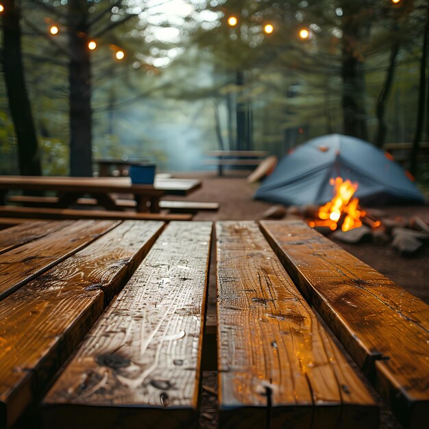 Une table en bois avec une tente en arrière-plan