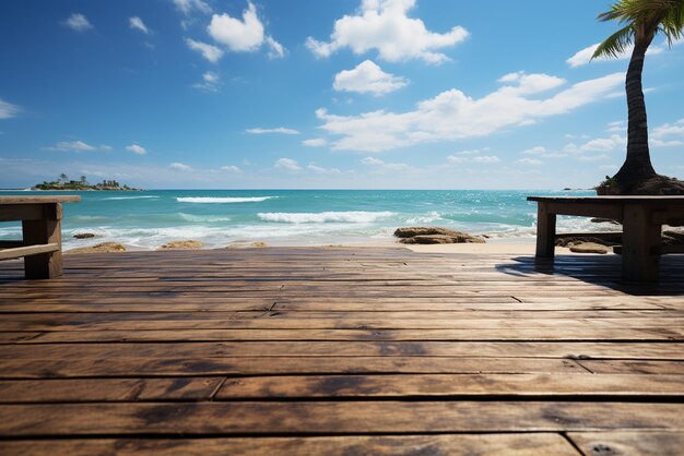 table en bois avec une toile de fond de scène vibrante style plage