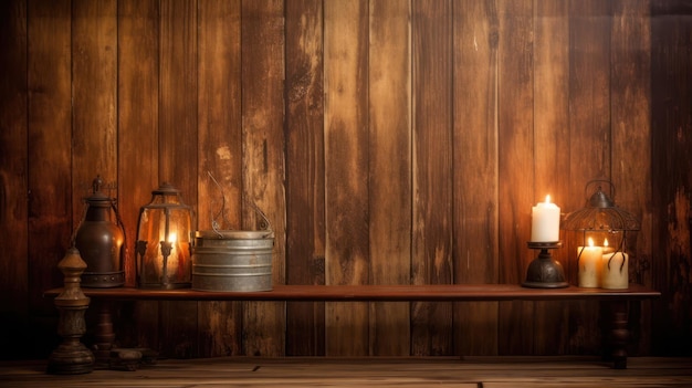 Une table en bois avec trois bougies et une bougie dessus.