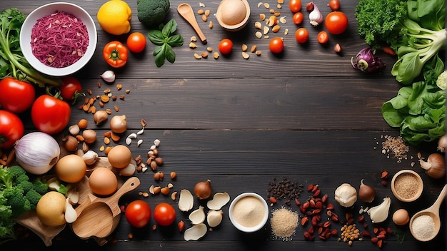 Une table en bois avec une variété de légumes, d'épices et de noix disposées sur elle