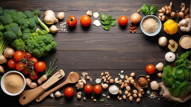 Une table en bois avec une variété de légumes, d'épices et de noix disposées sur elle