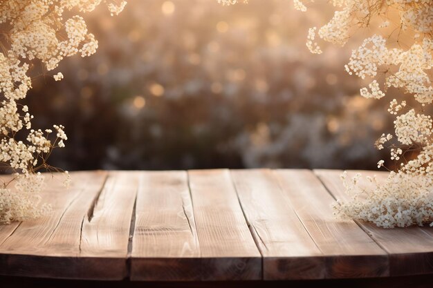 table en bois avec un vase de fleurs dessus et une table en bois avec le soleil derrière.