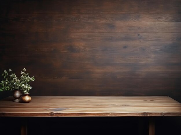 une table en bois avec un vase de fleurs dessus