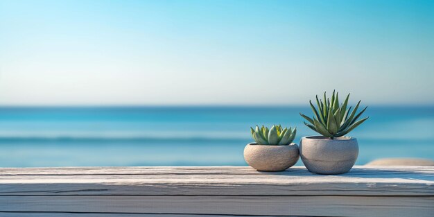 Table en bois avec des vases de plantes avec vue sur la mer en arrière-plan