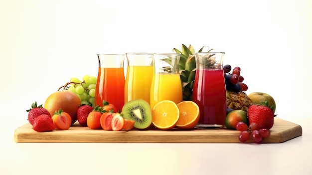 table en bois avec des verres de différents jus et des fruits frais sur un fond blanc