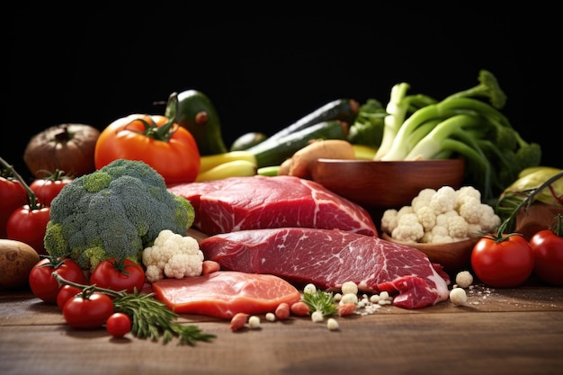 Table en bois avec de la viande et des légumes