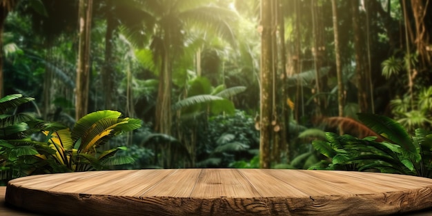 Table en bois vide affichage du produit vitrine étape fond de forêt d'été tropical