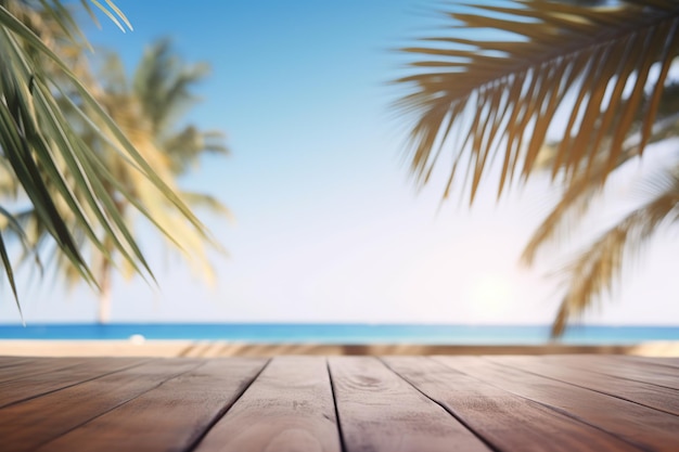 Table en bois vide affichage produit été à la plage Illustration IA générative