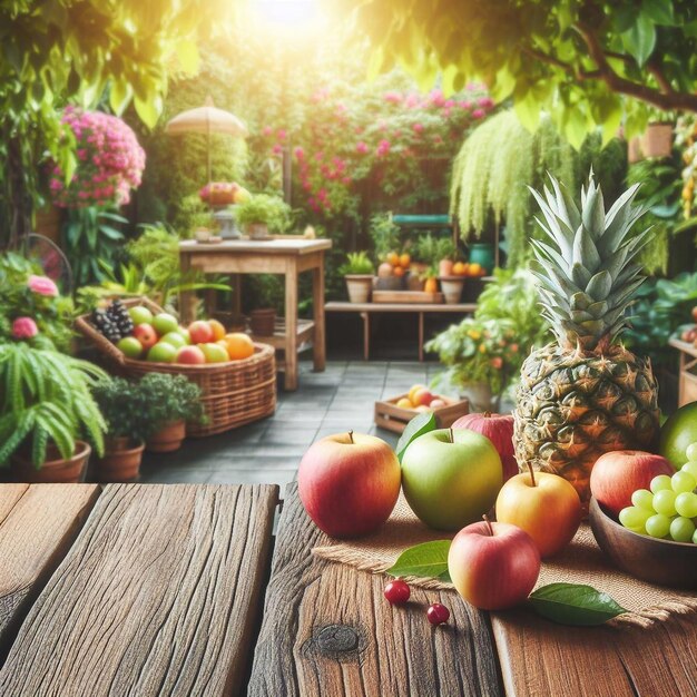 Photo une table en bois vide avec des arbres fruitiers