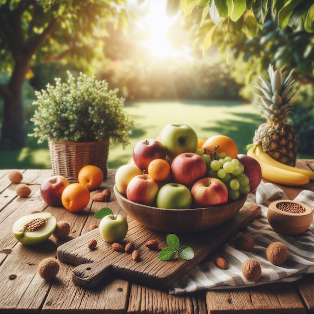 Photo une table en bois vide avec des arbres fruitiers