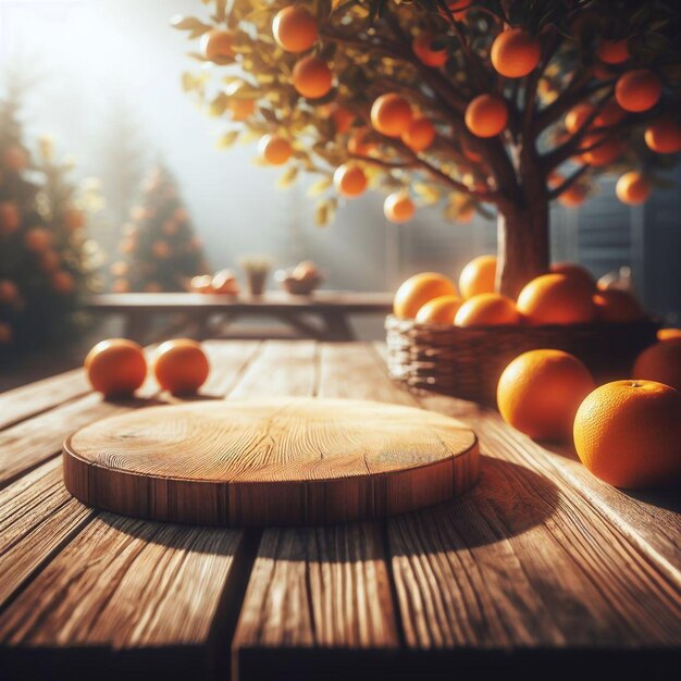 Photo une table en bois vide avec des arbres d'orange en arrière-plan